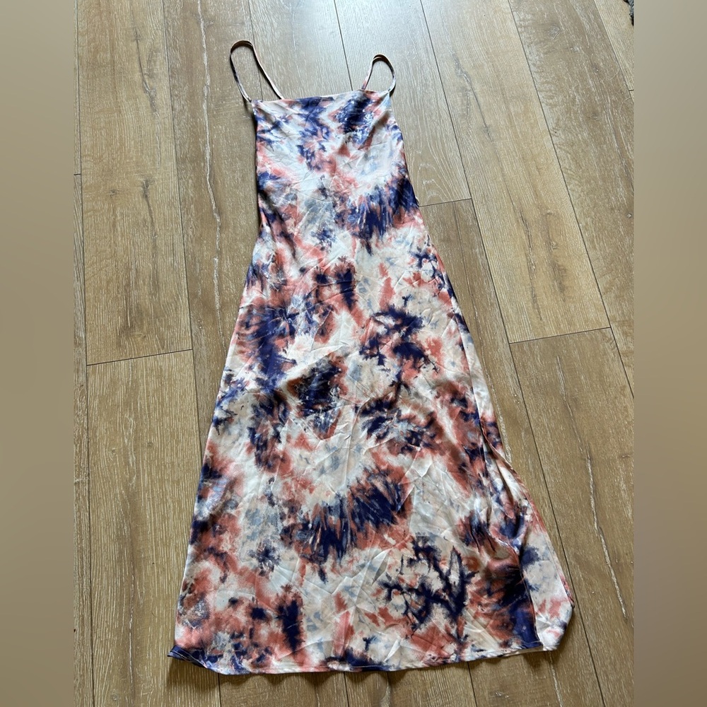 Silky Tie-Dye Blue Pink Spaghetti Strap Maxi Dress - Picture 2 of 9